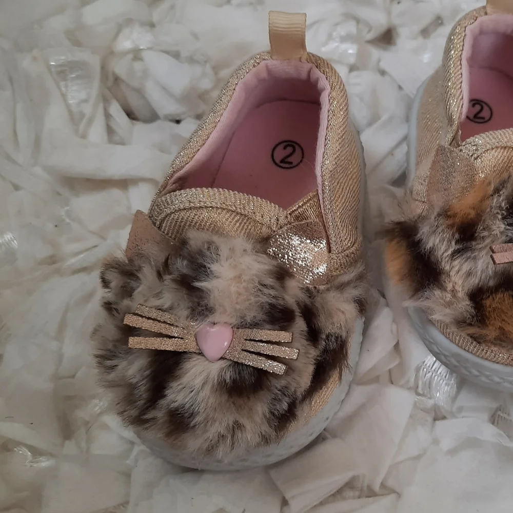 4 / $20 Kawaii Cat Crib Shoes Slip On Kitty Faux Fur Leopard Print Trim Baby 2
